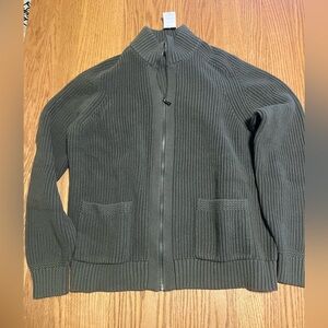 Lands End Drifter Sweater Mens L Green Ribbed Knit Full Zip Cardigan Cotton *NWT
